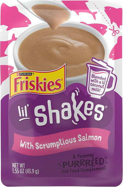 Purina Friskies Pureed Cat Food Topper, Lil’ Shakes With Scrumptious Salmon Lickable Cat Treats - (Pack of 16) 1.55 oz. Pouches