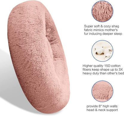 SAVFOX 30 inches Calming Donut Dog Bed - 3X Durable Plush Faux Fur, Machine Washable & Non-Slip, Fits up to 45 lbs, Pink