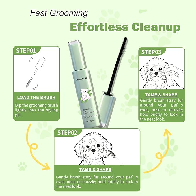 Dog Facial Hair Styling Gel – Gentle Grooming for Eyes & Nose Flyaways, No Alcohol Formula for Small Long-Haired Dogs & Cats, for Daily Use & Styling, 1.06 oz (2in1 1.06 oz+Stain Comb)