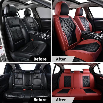 FLORICH Automotive Seat Covers Full Set, Leather Car Seat Protector, Waterproof Seat Covers for Cars, Black and Red Seat Protector Universal Fit Most Vehicles (Red&Black)