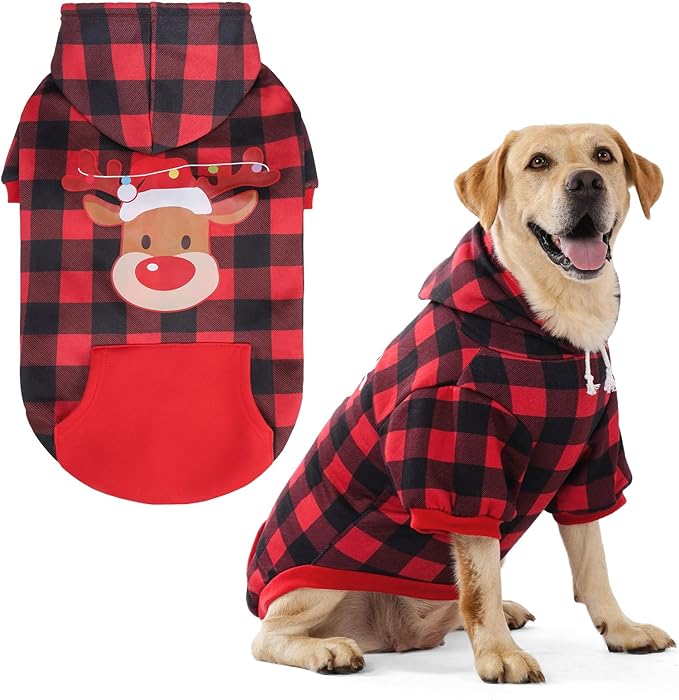 EXPAWLORER Plaid Dog Hoodie - British Style Warm Dog Sweater Shirt with Leash Hole,Pitbull Clothes Outfits,Winter Coat Apparel for All Breeds Puppy Girl Boy-Cat Apparel,Christmas Buffalo Check Large