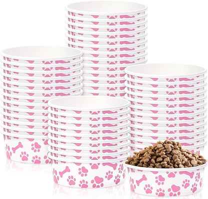 Whaline 50Pcs Pet Disposable Feeding Bowls Pink White Paper Dog Bowls Small Dog Dish 16oz 2 Cup Pet Food Bowl Serving Food Tray for Puppy Cat Travel Wet Dry Food Water