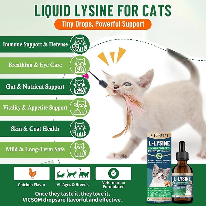 L-Lysine for Cats, Cat Lysine Supplement for Immune Support, Feline Respiratory, Sneezing, Runny Nose, Eye Function, Natural Strengthen Defenses, Chicken Flavor 60 ML
