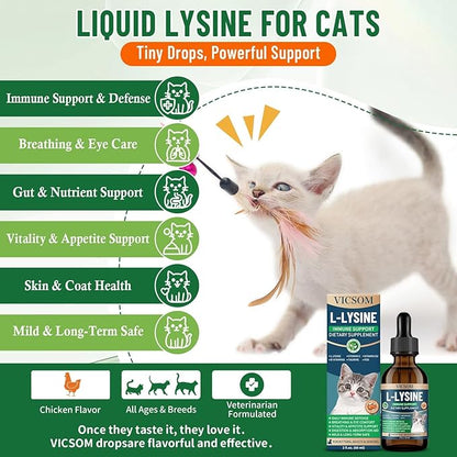 L-Lysine for Cats, Cat Lysine Supplement for Immune Support, Feline Respiratory, Sneezing, Runny Nose, Eye Function, Natural Strengthen Defenses, Chicken Flavor 60 ML