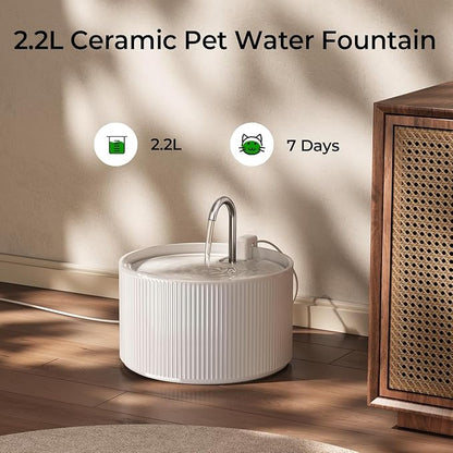 Voluas 2.2L Ceramic Cat Water Fountain with 1 Filter Automatic Pet Fountain | 74oz capacity, ceramic bowl, 4-layer filtration, ultra-quiet pump, faucet and bubbling modes, easy to clean, dishwasher-safe