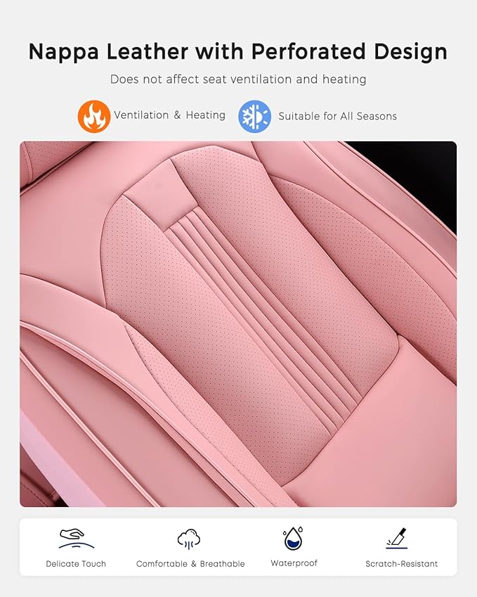 Huidasource Pink Front Seat Covers, Nappa Leather Front Car Seat Covers with Lumbar Support, Ventilation Holes, Elastic Fabric, Airbag, Full-Coverage Seat Covers, Fit for Most Cars SUV Trucks, Pink