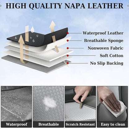 Coverado Seat Covers, Car Seat Covers Front Seats, Waterproof Nappa Leather Auto Seat Cover with Lumbar Head Pillow, Gray Seat Covers Carseat Cover Universal Fit for Most Cars
