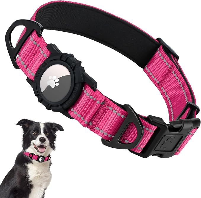 Taglory AirTag Dog Collar with Waterproof Holder for Medium Dogs, Hot Pink | Reflective for Night Walks & Low-Light Safety, Track Your Pup Peace of Mind, Adjustable Soft Padded, No More Dangling Tags M