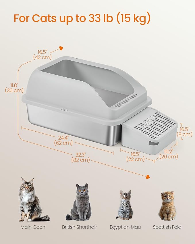 Feandrea Stainless Steel Cat Litter Box with Open Top, High Sided Litter Tray with Step, Scoop, Brush, for Cats up to 33 lb, Light Gray UPPT008GD01