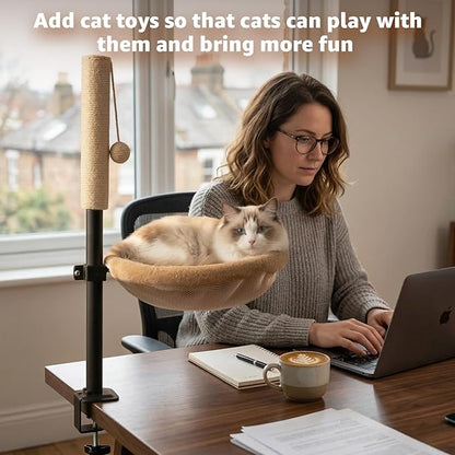 Cat Desk Bed with Scratching Post - Adjustable Height & 360° Rotation, Reversible Machine Washable Cover, Space-Saving Clamp-On Design for Office Desks, Sturdy Support for Indoor Cats