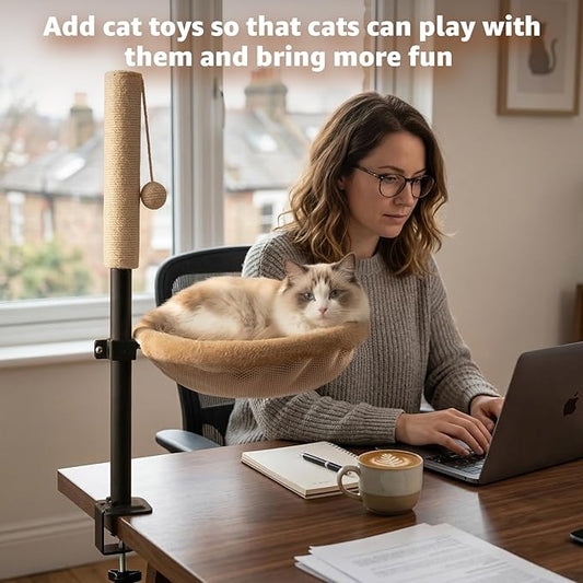 Cat Desk Bed with Scratching Post - Adjustable Height & 360° Rotation, Reversible Machine Washable Cover, Space-Saving Clamp-On Design for Office Desks, Sturdy Support for Indoor Cats
