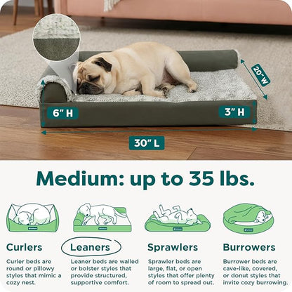 Furhaven Orthopedic Dog Bed for Medium/Small Dogs w/ Removable Bolsters & Washable Cover, For Dogs Up to 35 lbs - Two-Tone Plush Faux Fur & Suede L Shaped Chaise - Dark Sage, Medium