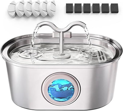 3.2L/108oz Stainless Steel Cat Water Fountain Pet Fountain | Automatic Pet Water Dispenser - Self-Designed Filtration System - Ultra-Quiet Pump - Easy Cleaning & Maintenance (6 Filters)