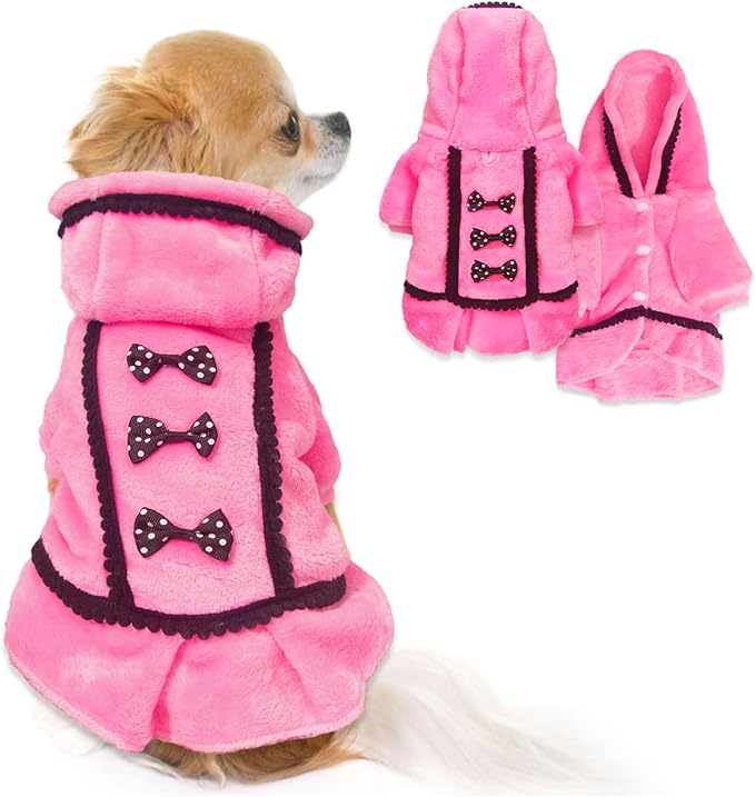 Winter Dog Sweater Dress Fleece Warm Puppy Sweater with Leash Hole Dog Sweaters for Small Dogs Girl Cute Pink Pet Clothes Bowtie Chihuahua Sweaters (Large)