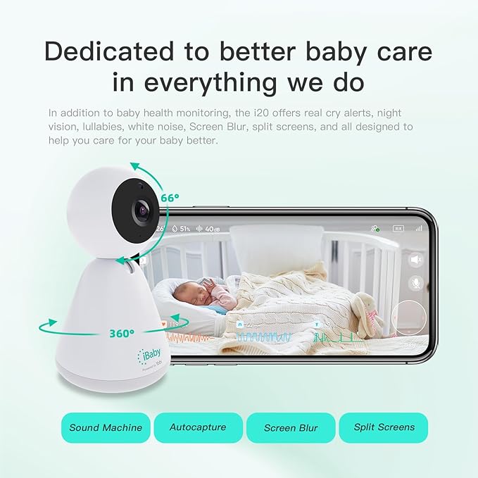 iBaby i20 Wellness Baby Monitor: Track Live Breathing, Heart Rate, Sleep Patter -1080P, Night Vision, 2-Way Audio, Cry & Safety Alerts, No Subscription, Wall Mount