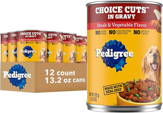 Pedigree Wet Dog Food, Choice Cuts Adult Canned Dog Food, Steak & Vegetable Flavor, 13.2 oz. Cans, 12 Count