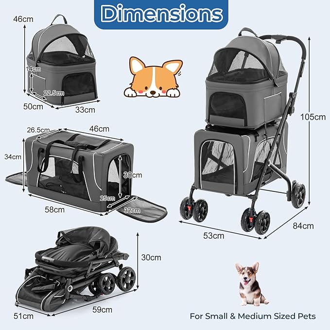 Foldable Pet Stroller, Removable Dog Stroller with 2 Front Universal Wheels, All Terrain Travel Cat Storage Bag with 2 Braked Rear Wheels, Pet Safety Seat, Gray