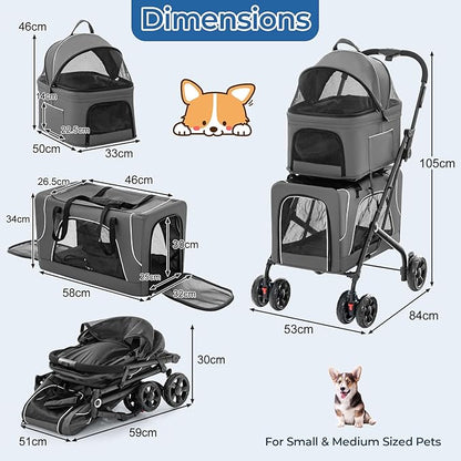Foldable Pet Stroller, Removable Dog Stroller with 2 Front Universal Wheels, All Terrain Travel Cat Storage Bag with 2 Braked Rear Wheels, Pet Safety Seat, Gray