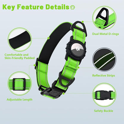 Taglory AirTag Dog Collar with Waterproof Holder for Large Dogs, Green, XL | Reflective for Night Walks & Low-Light Safety, Track Your Pup Peace of Mind, Adjustable Soft Padded, No More Dangling Tags