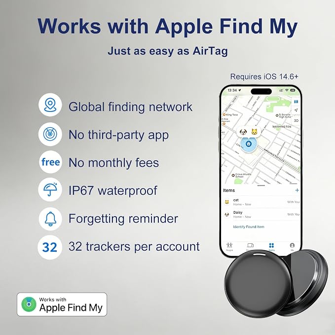 GPS Tracker for Dogs, Works with Apple Find My App, 365-Day Battery Life, No Monthly Fee, No SIM Card, IP67 Waterproof Anti-Lost Tag for Cats, Keys & All Personal Valuables