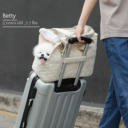 Small Dog Carrier Kitten Puppy Handbag with Multiple Pockets,Woman Style,Breathable Mesh Soft Cushion,Pets Tote Purse Picnic Travel Outdoor,MAX 6 lb (Cream, Small)