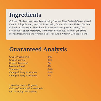 Feline Natural Freeze Dried Cat Food - Grain-Free and High Protein Cat Food from New Zealand, Complete Meal or Topper for Kittens, Adults, and Senior Cats, Chicken and King Salmon, 11oz