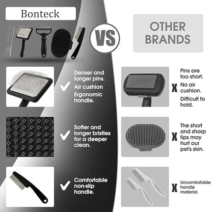 Bonteck Dog Slicker Brush for Dogs Grooming Kit 4PCS | Large Dog Brush for Goldendoodles Poodles Doodles | Long Pin Haired Brush | Poodle Brushes and Comb (Black)