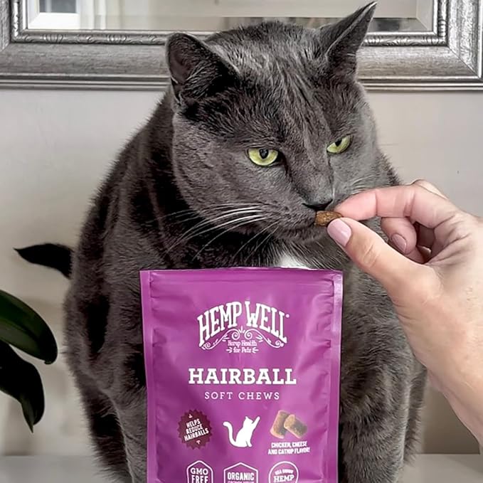 Hemp Well Cat Hairball Soft Chews for Cats (2 Pack), Organic USA Grown, Chicken Cheese & Catnip Flavor!