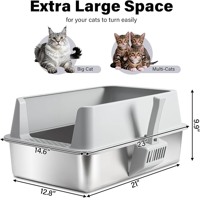 2Pack Stainless Steel Litter Box, XL Extra Large Cat Litter Boxes for Big Cats, Metal Litter Box with Lid High Sides, Leak-Proof, Never Absorbs Odors, Easy Cleaning, Non-Stick, Scoop Included