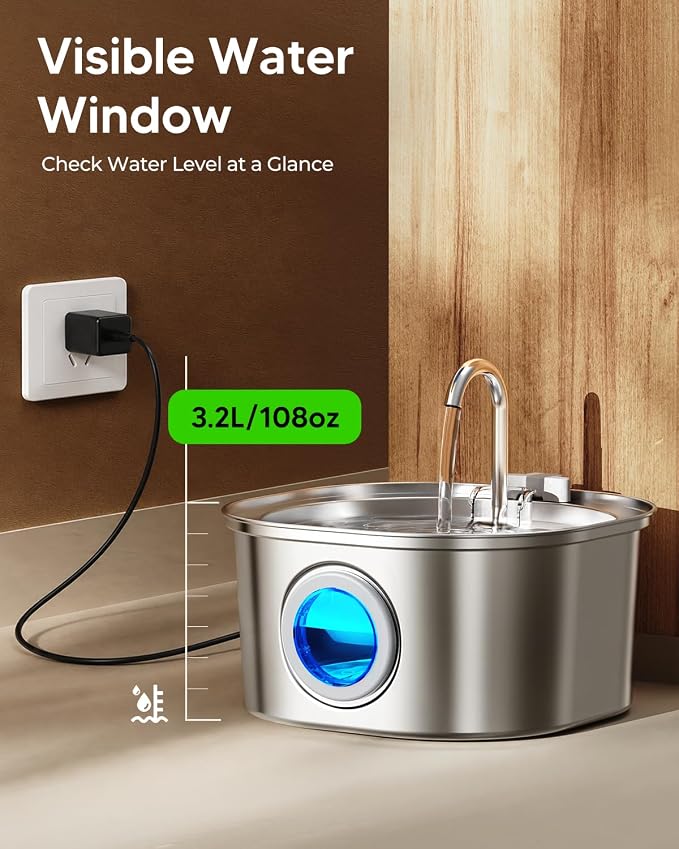 PEKTACO Stainless Steel Cat Water Fountain, 3.2L/108oz with 3 Filters | Cat water dispenser, dishwasher safe, with triple filtration, quiet pump, and visible water window for cats and small pets