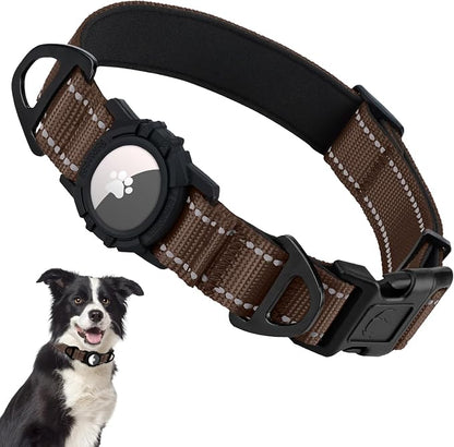 Taglory AirTag Dog Collar with Waterproof Holder for Medium Dogs, Brown, M | Reflective for Night Walks & Low-Light Safety, Track Your Pup Peace of Mind, Adjustable Soft Padded, No More Dangling Tags