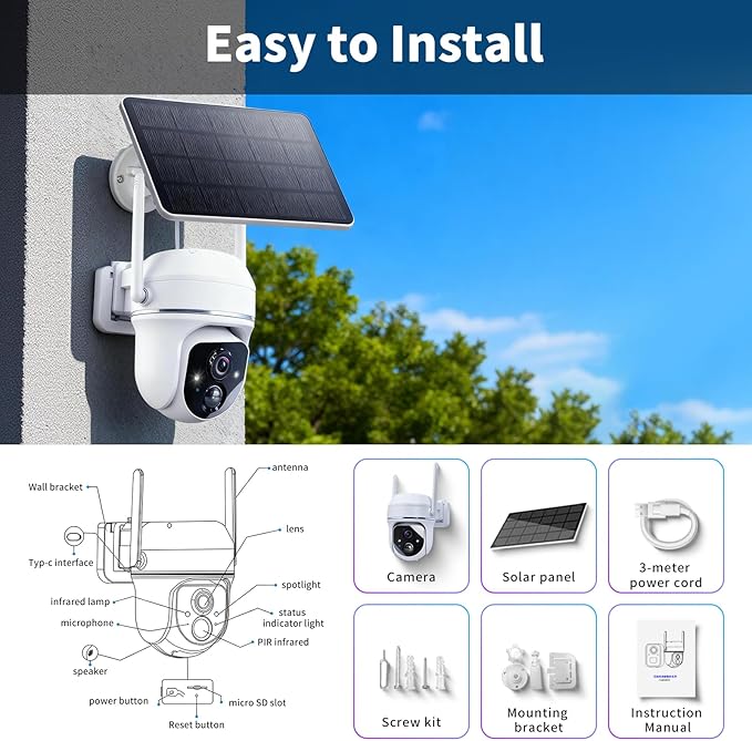 Goalake 3MP Solar Security Camera – Wireless Outdoor PTZ with 360°View, AI Motion Detection, 2-Way Talk, Spotlight & Siren, IP65 Weatherproof, Cloud/Up to 512GB SD Storage (Pre-Inserted a SD Card)