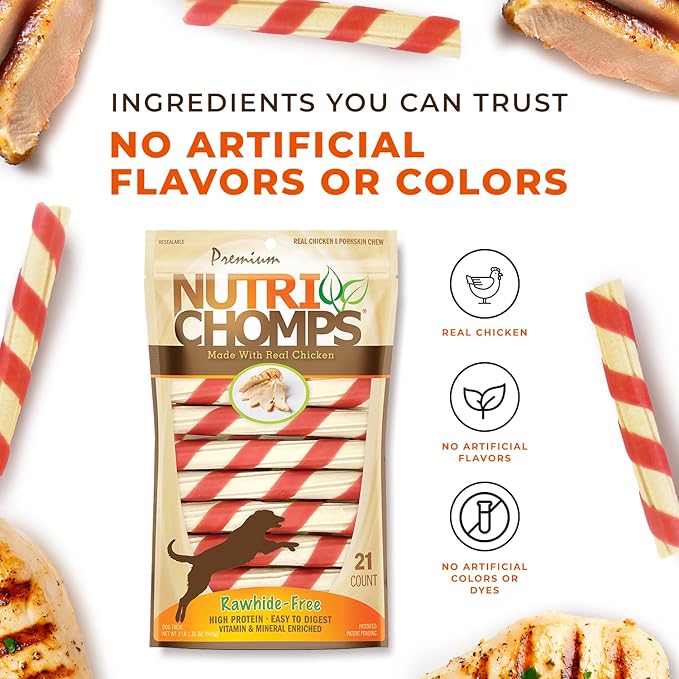 NutriChomps Dog Chews, 6-inch Twists, Easy to Digest, Long Lasting, Rawhide-Free Dog Treats, 15 Count, Real Chicken flavor