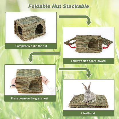 BWOGUE Large Bunny Grass House Natural Seagrass Bed Hideaway Toy Rabbit Hideout Hay Mat Chew Toys Guinea Pig Comfortable Hut for Bunny Hamster Chinchilla Small Animals