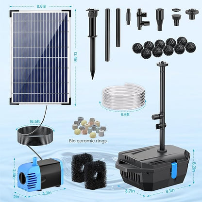 Pond Filter with 12W Solar Fountain Pump, Solar Pond Filter with 160GPH Pump & Fountain Kit, Outdoor Filter Box with 6.6FT PVC Tubing, Perfect for Ponds Clean, Clear, and Add Water Features