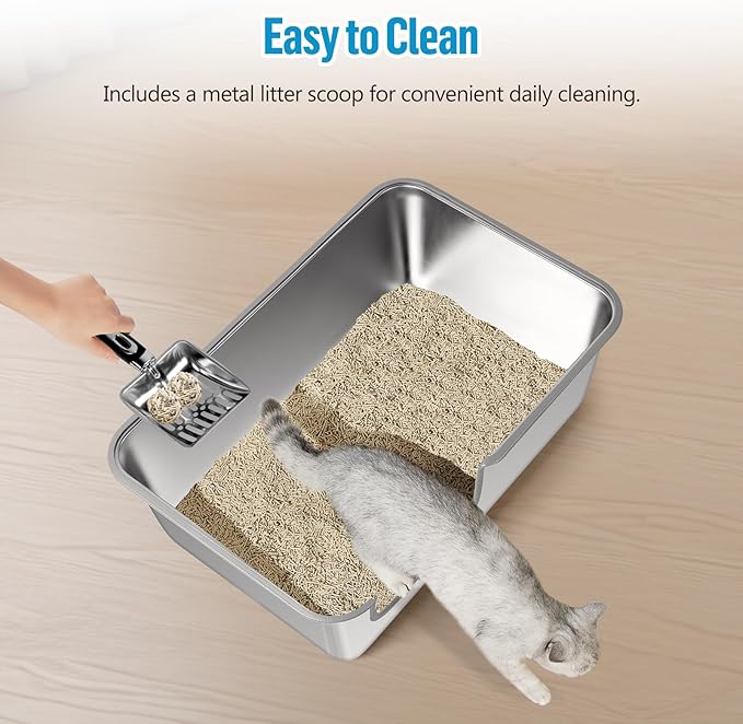Stainless Steel Cat Litter Box, 23.6" L x 15.7" W x 8" H XXL Extra Large Semi Enclosed Removable Metal Litter Tray with High Sided Enclosure, Scoop, Anti-Leakage, Non-Sticky, Easy Cleaning