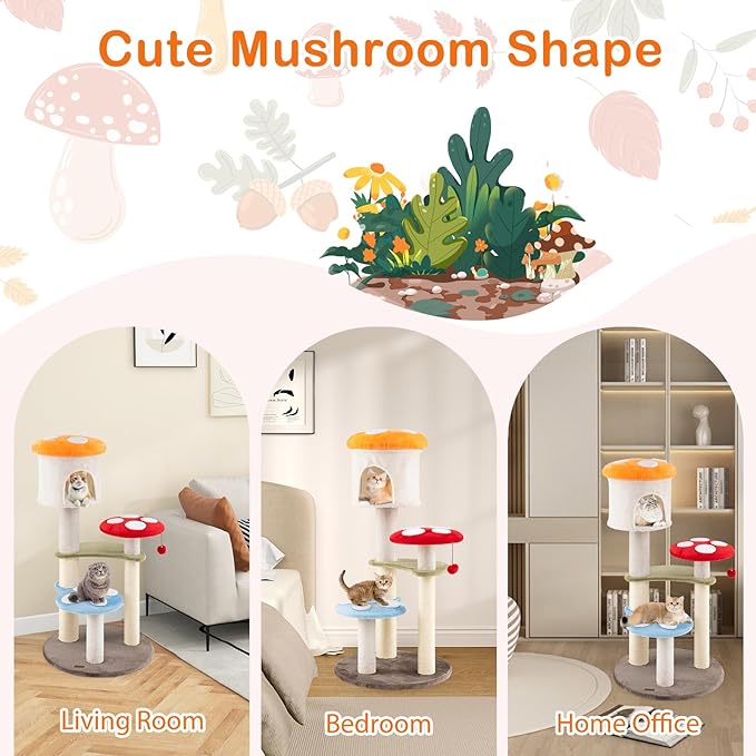 PETSITE Mushroom Cat Tree, Multi-Level Cute Cat Tree Tower with Sisal Scratching Posts, Cat Condo, Soft Plush Perches, and Dangling Toys for Indoor Cats (48 Inch)
