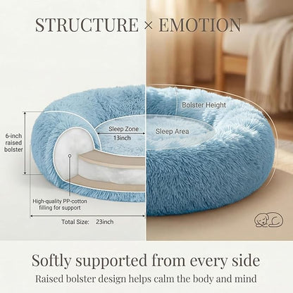 Calming Donut Dogs Beds for Small Dogs Washable,23inch Plush Round Pet Bed for Cozy Sleep,Fluffy Faux Fur Large Cat Bed,Fits up to 25 lbs Pets,Washed Blue