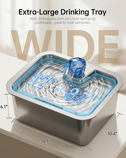 Dog Water Fountain with Silicone Mat - 3 Gallon Stainless Steel Pet Water Fountain with 6 Filters, Quiet Automatic Bowl Dispenser Drinking Waterer for Large Dogs & Multi-pet, Easy to Clean, Indoor Use