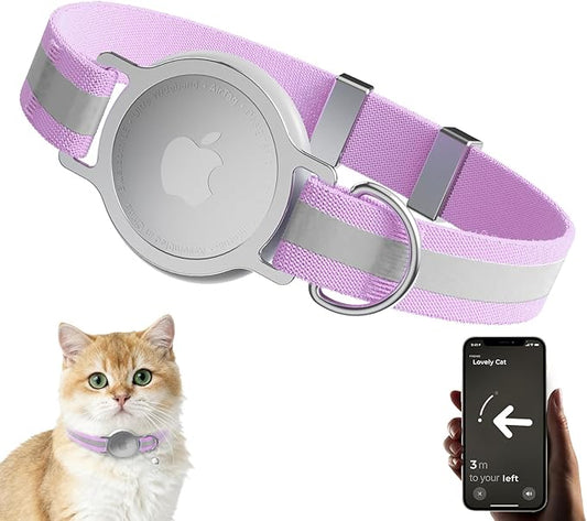 AirTag Cat Collar, Ultra Elastic Cat Tracker Collar with Apple Air Tag Holder, [Lightweight & Scratch Resistant] Stepless Adjustable GPS Pet Tracking Collars for Cats Kittens (Reflective Purple)