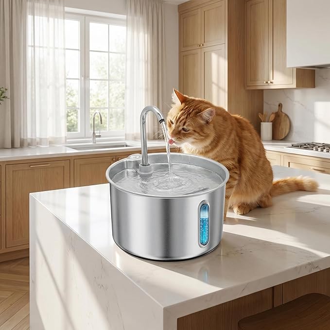 Stainless Steel Cat Water Fountain, 74oz/2.2L Automatic Pet Water Dispenser with 3 Replacement Filters & 2 Replacement Water Outlets, Quiet Indoor Drinking Fountain for Cats Dogs, Water Level Window
