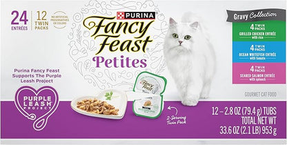 Purina Fancy Feast Gourmet Wet Cat Food Variety Pack, Petites Gravy Collection, break-apart tubs, 24 servings - (Pack of 12) 2.8 oz. Tubs