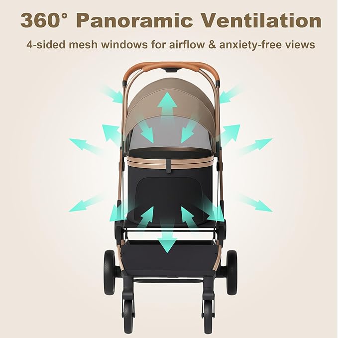 3-in-1 Pet Stroller with Detachable Carrier, Luxury Dog Stroller for Small Dogs & Cats, Lightweight Foldable Cat Stroller with 360° Rotating Wheels, Travel Friendly, Classic Brown