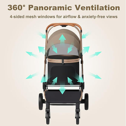 3-in-1 Pet Stroller with Detachable Carrier, Luxury Dog Stroller for Small Dogs & Cats, Lightweight Foldable Cat Stroller with 360° Rotating Wheels, Travel Friendly, Classic Brown