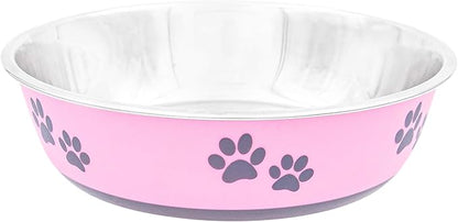 Fuzzy Puppy Food Bowl & Water Bowl for Dogs & Cats | Designer Series: Paw Print Detail, Stainless Steel & Pink, 52 oz (FPP-Pink L)