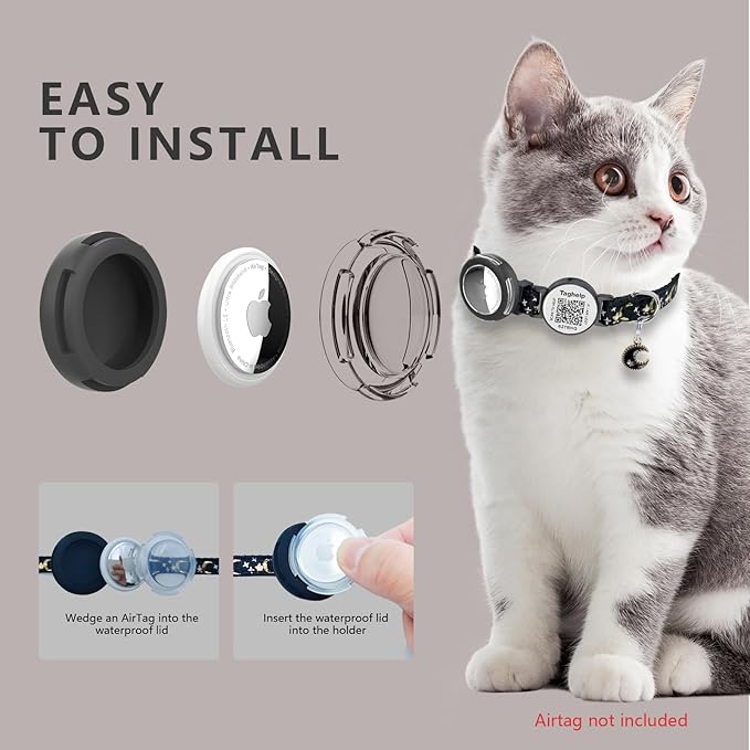 Waterproof Breakaway Cat Collar with Paw Prints - Secure AirTag Holder & Free QR Code Tag, Adjustable & Safe Kitten Collar for Apple Tracking (Black)
