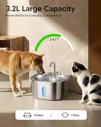 PEKTACO Stainless Steel Cat Water Fountain with 6 Filters, 3.2L/108oz | Cat drinking fountain, dishwasher safe, with triple filtration, quiet pump, and visible water window for cats and small pets
