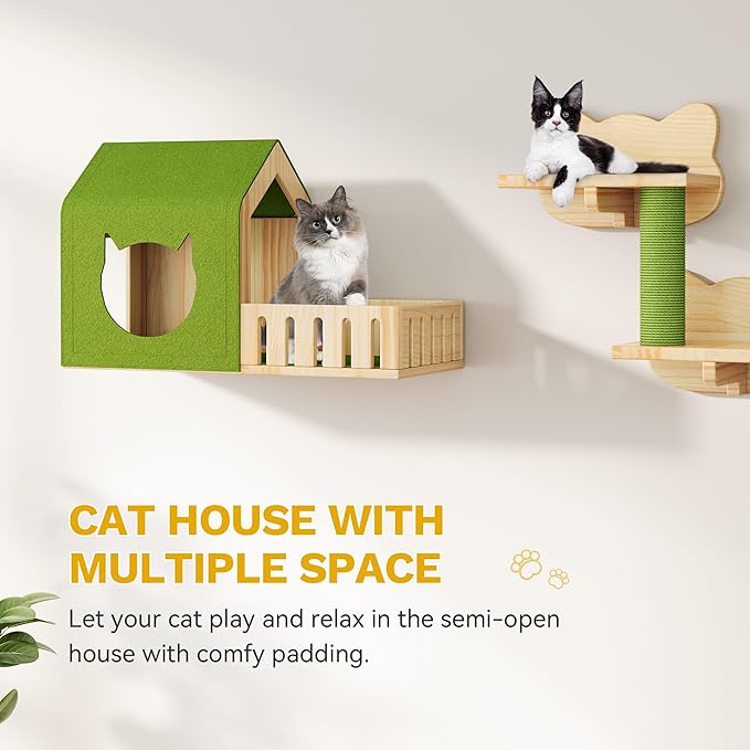 YITAHOME Cat Wall Shelves with Scratching Post, Cat Tower with Solid Wood Wall Shelves, Multi-Level Cat Climbing Furniture with Hideout & Runway