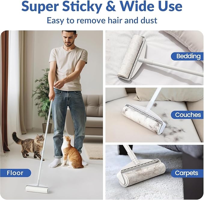 DELOMO 9.45” Large Lint Roller for Pet Hair, Long Handle for Floor & Carpet | 45” Long Lint Roller, 360 Extra Sticky Sheets, No-Bend Cleaning for Couches, Bedding, Car Seats, Rugs and Furniture