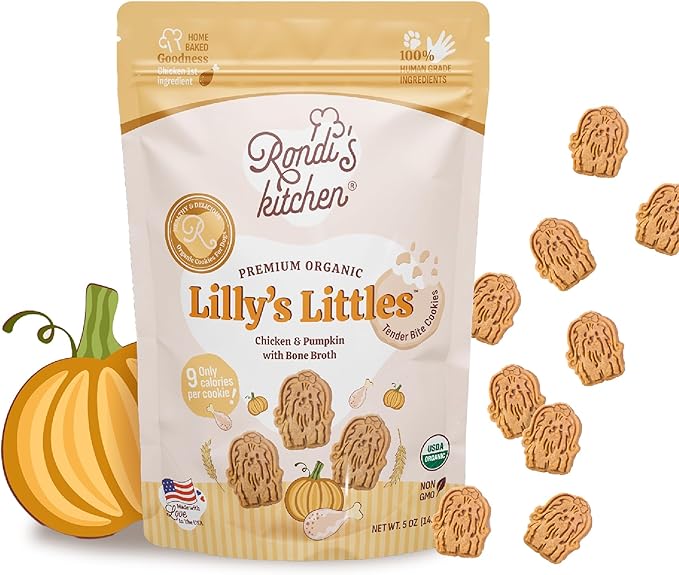 Rondi's Kitchen Lilly's Littles Organic Tender Dog Treats - Natural Doggie Cookie for Small Dogs, Puppy, Senior, Training - Human Grade Superfood Biscuit with Bone Broth - Chicken & Pumpkin
